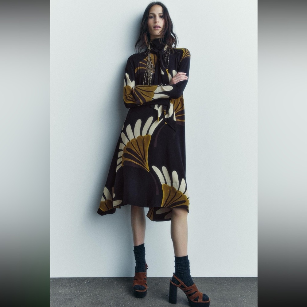 NWT Zara- ZW Collection Printed Asymmetric Midi Dress